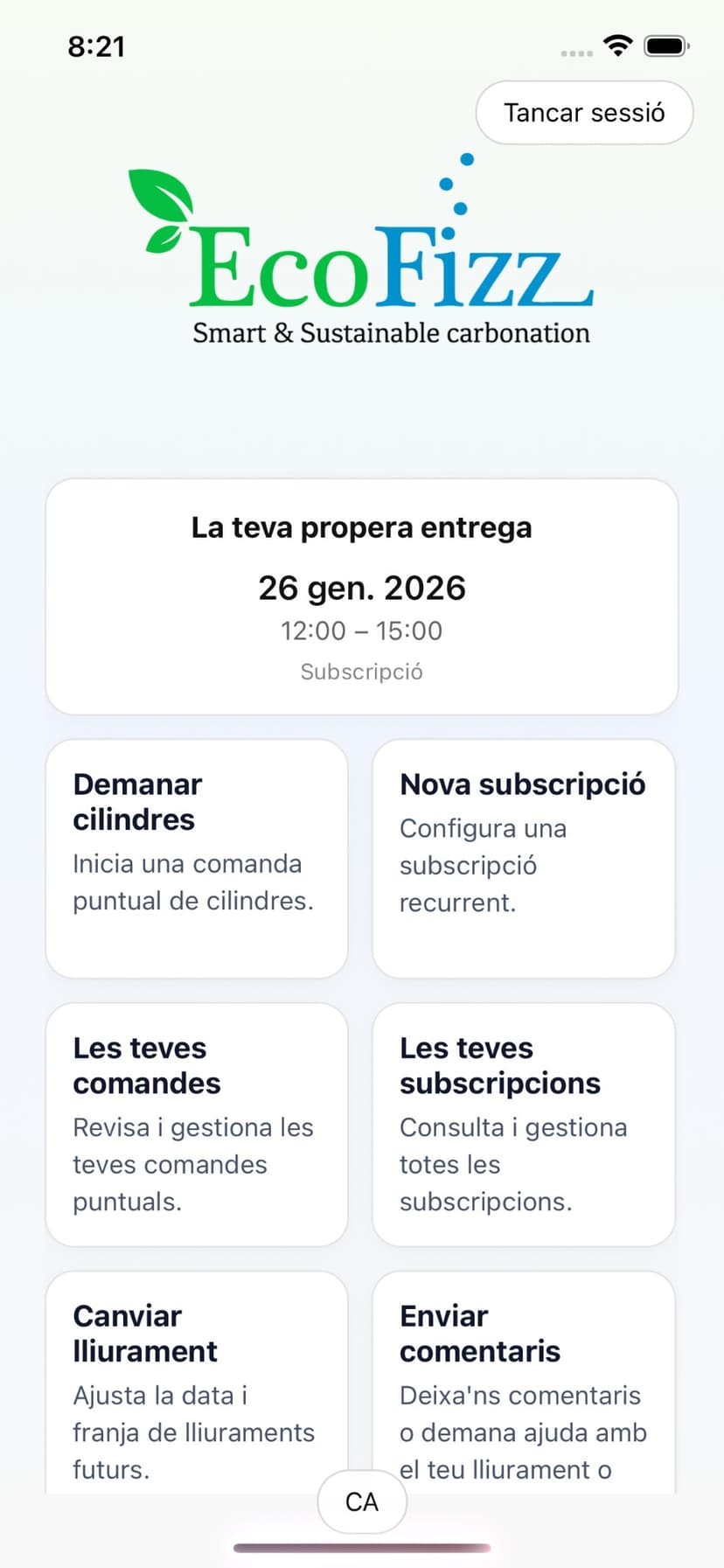 EcoFizz app: order cylinders, subscriptions, and delivery management