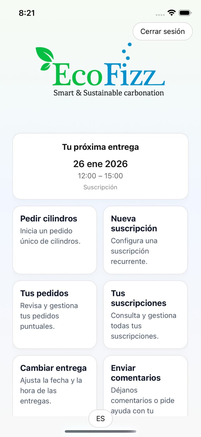 EcoFizz app: order cylinders, subscriptions, and delivery management