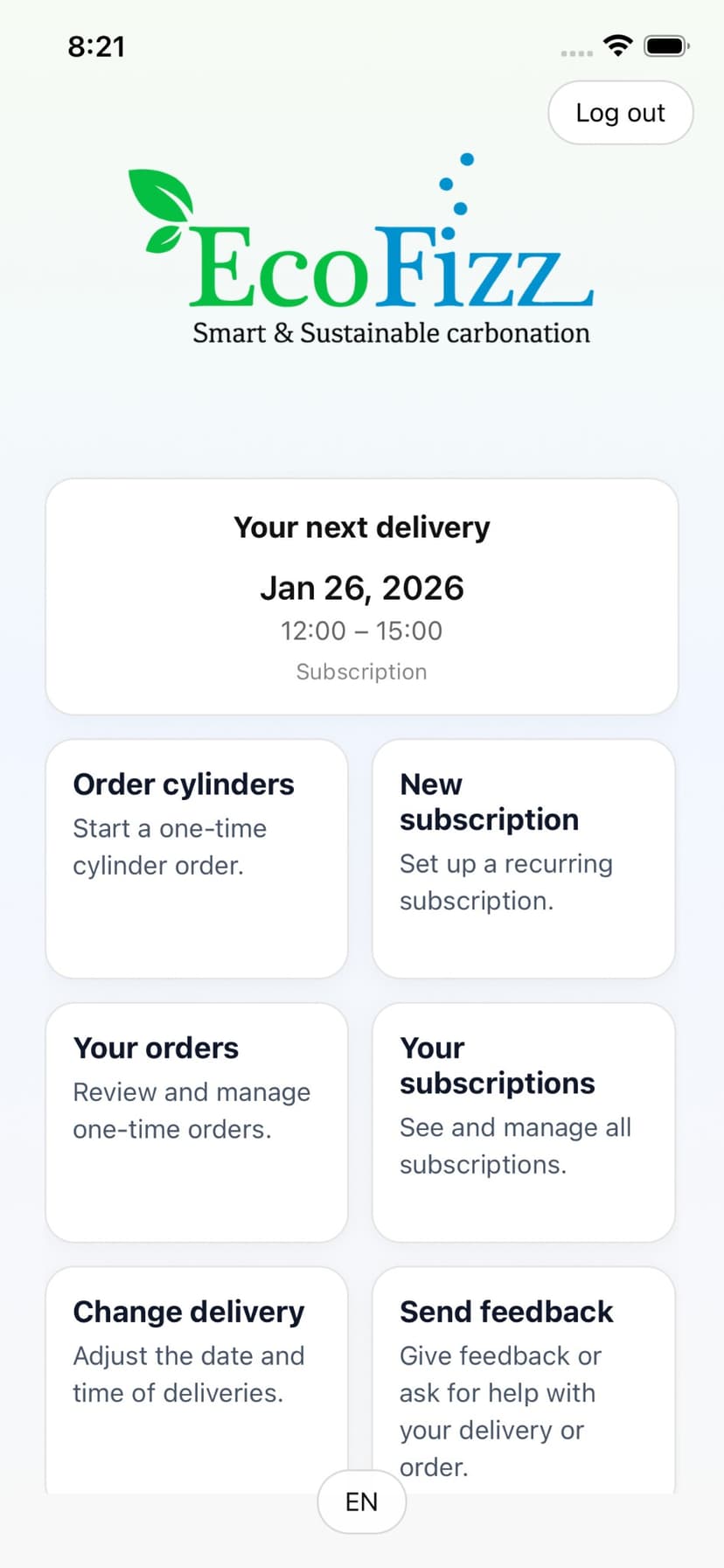 EcoFizz app: order cylinders, subscriptions, and delivery management