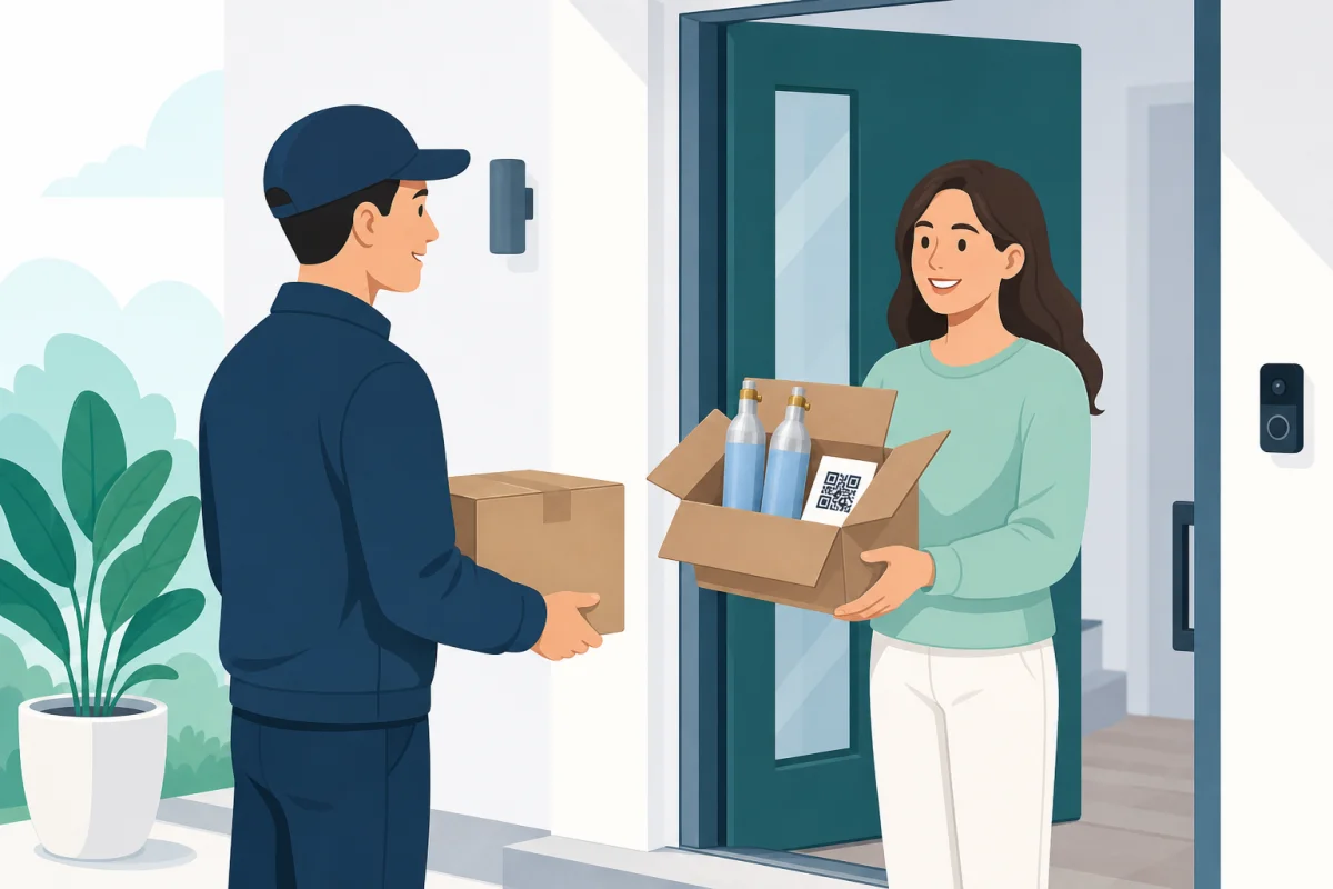 Un mensajero de GLS entrega una caja llena de EcoFizz a un cliente en su puerta mientras recoge la caja con los cilindros vacíos.