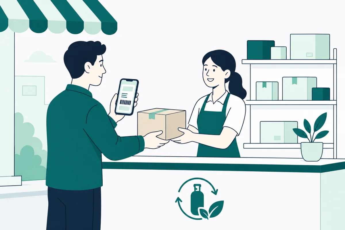 Un cliente entrega una caja con cilindros vacíos en el mostrador de un GLS ParcelShop mientras muestra la etiqueta de devolución en su móvil.
