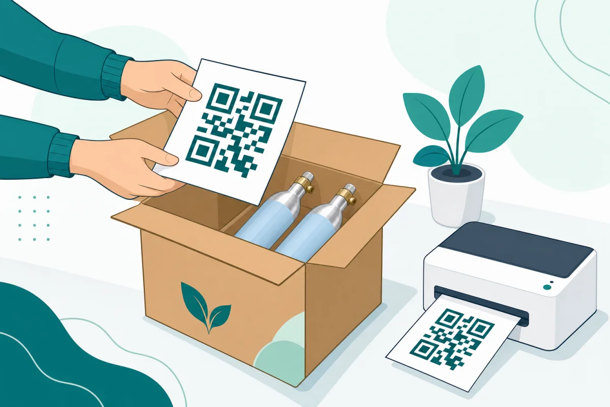 Unas manos colocan la hoja impresa con el código QR de EcoFizz en una caja de devolución con dos cilindros vacíos, junto a una impresora doméstica.