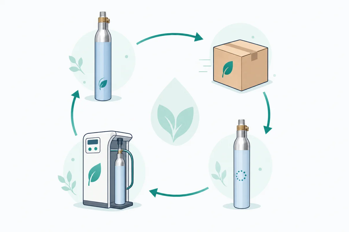 Dos cilindros de CO2 de EcoFizz dentro de un circuito circular de flechas con una hoja, simbolizando cilindros que se devuelven, se rellenan y se reutilizan.